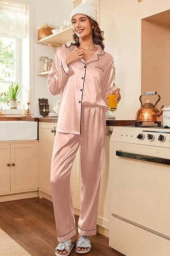 Ekouaer Women's Classic Button Down Long Satin Silk Pajama Set thumbnail 2