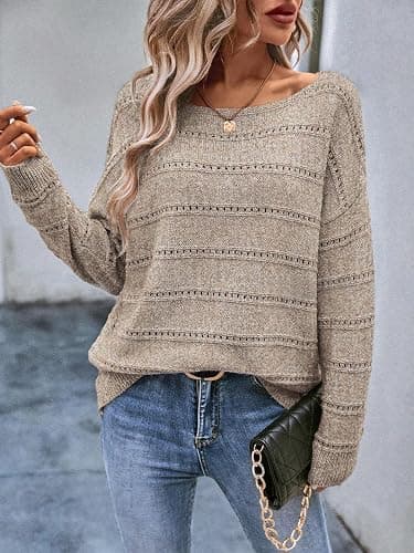 CFLHN Women's Sweater Soft Boat Neck Long Sleeve Oversized Sweaters Crochet Pullover Knit Tops thumbnail 5