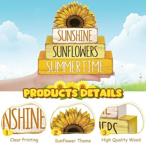Burbell 4 Pcs Sunflower Table Decorations Wooden Tiered Tray Table Decor | Rustic Wood Blocks for Tiered Tray, Farmhouse Sunflower Decorations for Home Office, Smooth Polished Finish thumbnail 4