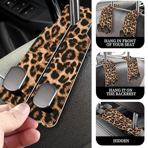 AXRQLSU PU Leather Car Seat Hook, Storage Headrest Hanger, Cute Car Backseat Organizer, Car Hooks For Purses and Bags Brown Leopard Print thumbnail 4