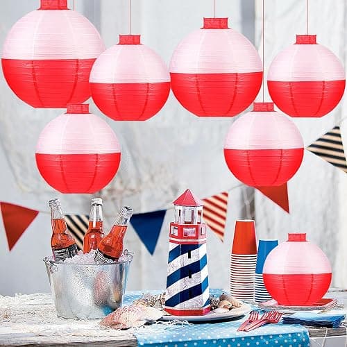 12 pcs Fishing Bobber Paper Lanterns Hanging Fish Shaped Ball Decorations Red and White Paper Lanterns for Fishing Themed Party Decorations Birthday Decor Supplies thumbnail 4
