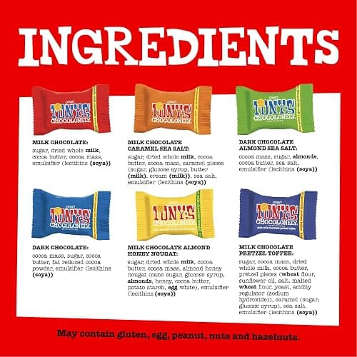 Tony’s Chocolonely Assorted Chocolate Candy Pieces, Belgian Milk & Dark Chocolate, Caramel Sea Salt, Almond Sea Salt, Honey Almond Nougat, Pretzel Toffee, Quality Fairtrade Cocoa, 36 Count, 11.28 Oz thumbnail 3