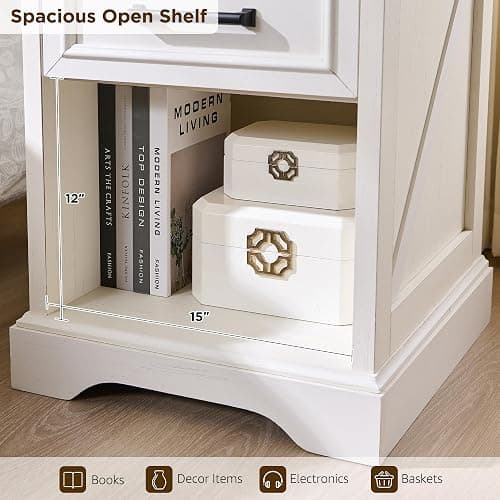 ACCOHOHO 18" Farmhouse Nightstand with Charging Station, Bedside Table with Drawer and Large Open Shelf, Rustic End Table for Bedroom - White thumbnail 5