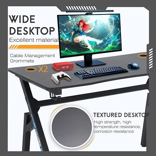BestOffice | 47" Gaming Desk | Blue | Carbon Fiber Textured Computer Desk | Sturdy Steel Frame, Cup Holder, Headphone Hook, Cable Management Holes, Adjustable Leg Pads | for Gamers, Home, Office thumbnail 5