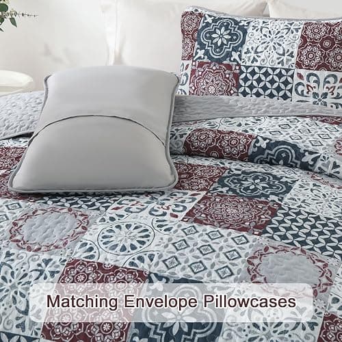 Dobuyly Patchwork Quilt Set Queen Size Boho Plaid Bedspread Red Grey Quilt Coverlet Set, 3 Pieces Soft Microfiber Lightweight Farmhouse Summer Bedding Set for All Seasons 96"x90" thumbnail 6