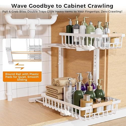 ENRUNEST Under Sink Organizer,2 Pack Under Kitchen Sink Organizer,2 Tier Sliding-Out,5 Level Height Adjustable,Thickened Carbon Steel,Anti-rust Treatment,For Kitchen Bathroom White thumbnail 5