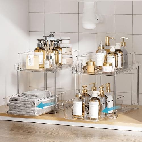 Vtopmart 2 Tier Bathroom Storage Organizer, 2 Pack Clear Under Sink Organizers Vanity Counter Container, Cabinet Drawers Bins, Pull-Out Organization with Track for Pantry, Kitchen thumbnail 2