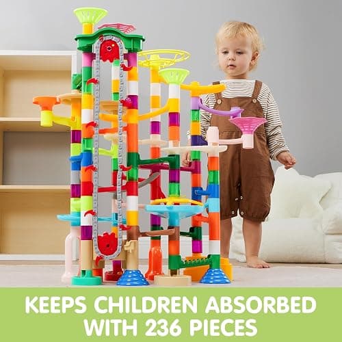 JOYIN 236Pcs Glowing Marble Run with Motorized Elevator- Construction Building Blocks Toys with 30 Glow in The Dark Plastic Marbles, STEM Toy for Boys and Girls, Birthday Gift, Easter Basket Stuffers thumbnail 7