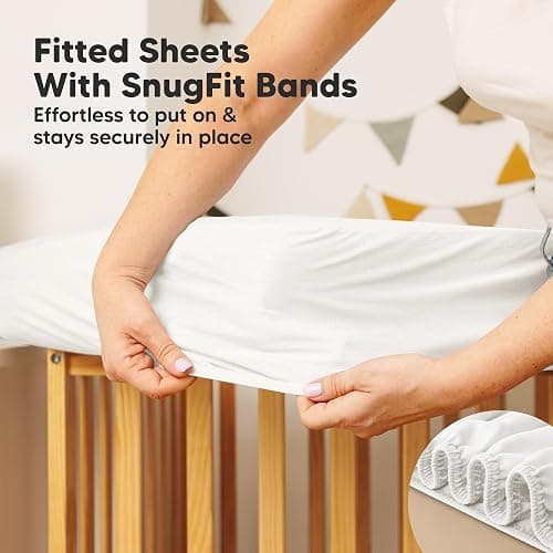 2-Pack Waterproof Crib Mattress Protector Cover Fitted - Quiet Baby Crib Mattress Pad Sheets, 52" x 28" Soft Quilted Cotton Baby Sheet, Machine Washable, Easy Fit, Durable (Soft White/Mavy) thumbnail 7