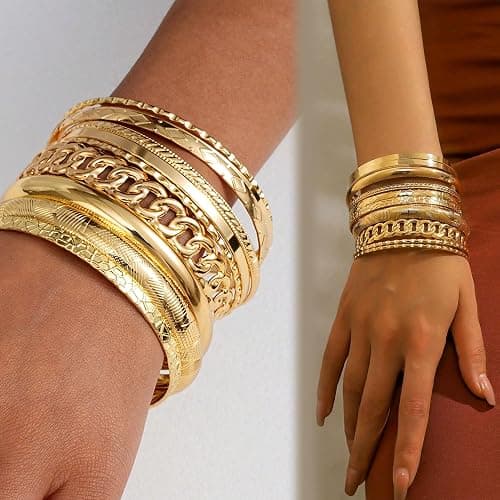 ÌF ME Gold Bangle Bracelets for Women, Indian Bangles Stackable Set, Multi Layer Textured 14K Gold Plated Chunky Bracelets Boho Jewelrys Set thumbnail 5