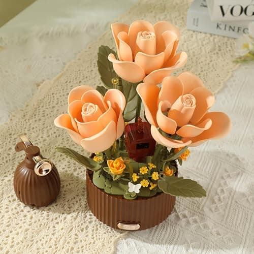 Electric Flower Bouquet Building Set 255PCS – Motorized Blooming Roses Flowers Botanical Kit, DIY Bonsai Style Bouquet of Flowers – Unique STEM Gift for Kids&Adults, Room & Desk Decor (Orange) thumbnail 6