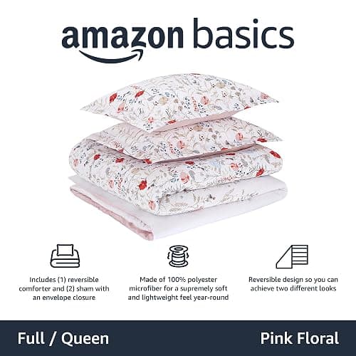 Amazon Basics Ultra-Soft Light-Weight Microfiber Reversible Comforter Bedding Set - Full/Queen, Pink Floral thumbnail 2