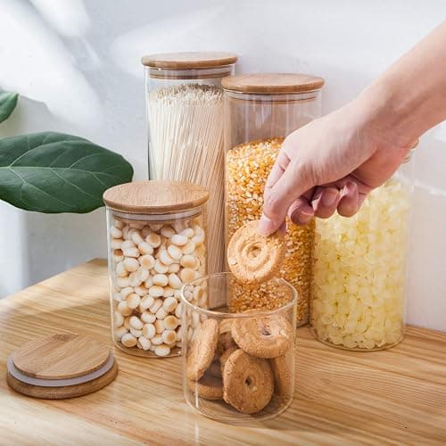 Flrolove Glass Food Storage Containers Set,Airtight Food Jars with Bamboo Wooden Lids - Set of 5 Kitchen Canisters For Sugar,Candy, Cookie, Rice and Spice Jars thumbnail 2