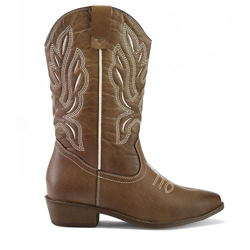 mysoft Cowboy Boots for Women-Mid Calf Chunky Heel Cowgirl Boots | Pointed-toe western boots with pull-on closure; calf width available. Perfect for country style and daily wear thumbnail 5