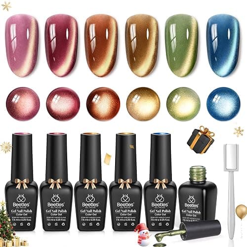 beetles Gel Polish Golden Mirage Cat Eye Gel Nail Polish Set - 6 Colors Glitter Red Green Blue Brown Pink Christmas Gel Nail Kit Magnetic Shine Soak Off UV Winter Salon DIY Manicure Gift for Women - Image 1