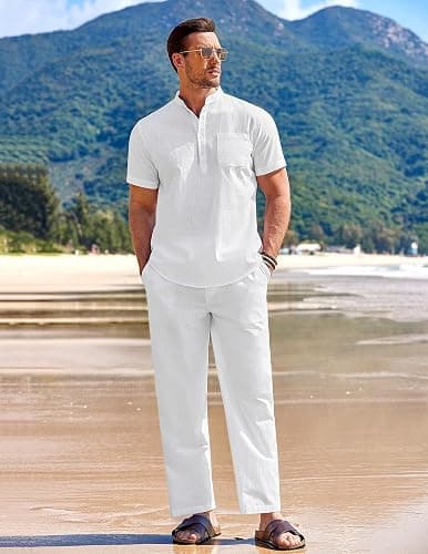 COOFANDY Men's 2 Pieces Cotton Linen Set Casual Short Sleeve Henley Shirts Beach Yoga Pants Summer Outfits thumbnail 7