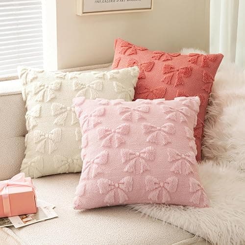 MIULEE Light Pink Bow Pillow Covers Coquette Room Decor Aesthetic Set of 2 Spring Decorative Cute Girl Soft Plush Faux Pillowcase for Preppy Room Decor Bedroom Couch,18x18 Inch thumbnail 2