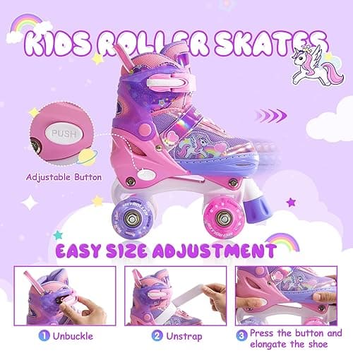 METROLLER Kids Roller Skates Girls Ages 4-6 5-8 8-12 Adjustable Toddler Roller Skates Shining Wheels Little Unicorn Sports Outdoors - Purple - Small-Little kid (10c-13c US) thumbnail 3