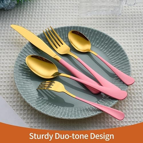 Lekoton 20 Piece Gold and Pink 18/0 Flatware Utensil Set for 4, Include Dinner Knife,Dinner Forks,Dinner Spoons,Salad Forks,Teaspoons,Silverware Set for 4, Dishwasher Safe thumbnail 6
