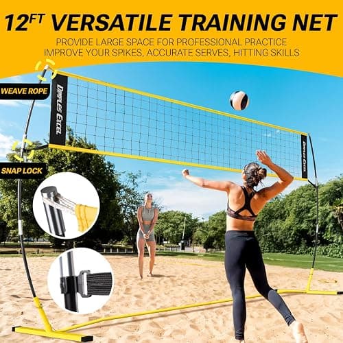 Dimples Excel 12x8 FT Portable Volleyball Net Set,4 Adjustable Heights Set | For All Ages & Skill Levels, Indoor Outdoor Backyard Beach Gym, Includes Ball Pump Sandbags Carry Bag, 5 Min Fast Setup thumbnail 3