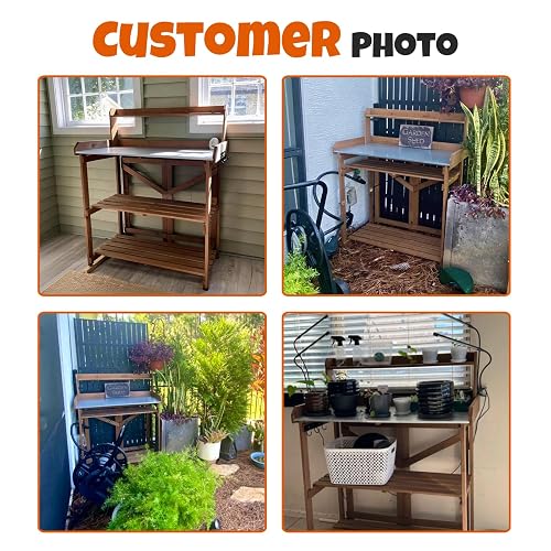 Outdoor Potting Bench Table, Indoor Wooden Work Station with Metal Table Top, Metal Hooks, Large Shelves, Heavy-Duty Gardening Workbench for Garden, Backyard, Patio, BBQ Prep Station, Easy Assembly thumbnail 3