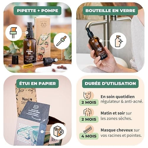 BIONOBLE Huile de Jojoba Bio Pressée à Froid 100% Pure - Équilibre le Sébum, Adoucit, Anti-Acné - Huile Jojoba Cheveux, Visage et Corps - Vegan Oil - Flacon Verre avec Pompe et Pipette - 50ml thumbnail 4