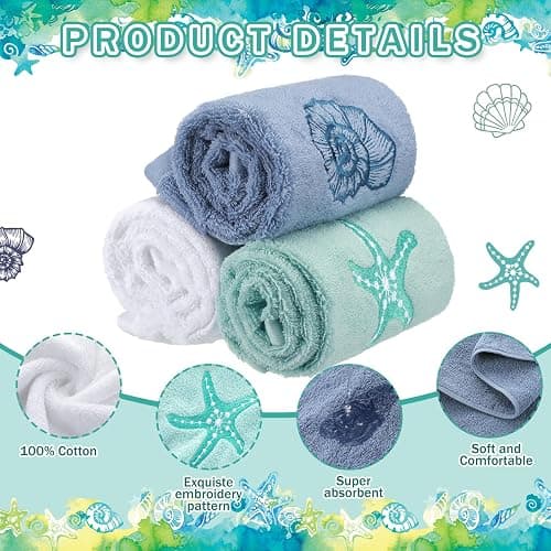 Hahafelt 3 Pack Coastal Hand Towels for Bathroom 100% Cotton Embroidered Beach Bathroom Towels 13.8 x 29.5'' Seashell Starfish Conch Blue Finger Towel Nautical Decorative Towel Gift for Summer Holiday thumbnail 4