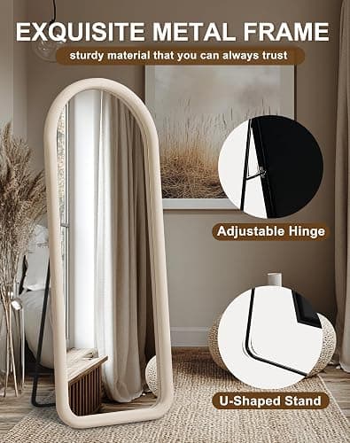 Delma Arched Full Length Mirror, Free Standing Floor Flannel Frame Mirror for Leaning or Hanging, Soft Touch Bedroom & Living Room Decor, Cream White thumbnail 7