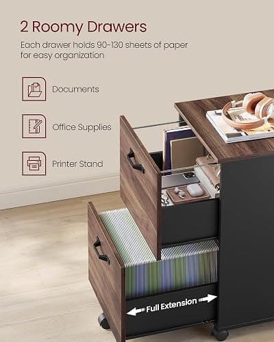 VASAGLE 2-Drawer File Cabinet, Small Rolling Filing Cabinet for Home Office, Printer Stand, for A4, Letter-Size Documents, 15.7 x 16.5 x 27.6 Inches, Natural Walnut and Ink Black UOFC040K01 thumbnail 4