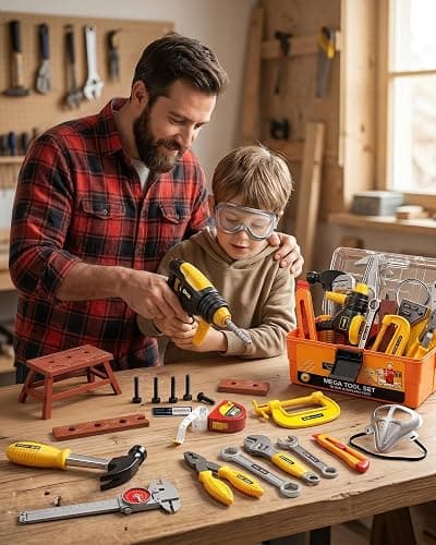 Deejoy Kids Tool Set with Electronic Toy Drill & Construction Vest - Pretend Play Toys for 3 4 5 6 Year Old Boys, ABS Plastic Repair Toolkit with Large Storage Box(Orange) thumbnail 2