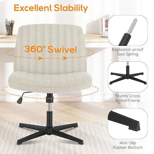 DUMOS Criss Cross Chair Legged Office Wide Comfy Desk Seat, No Wheels Armless Computer Task Seating, Swivel Vanity Home Height Adjustable - Modern - Beige thumbnail 6