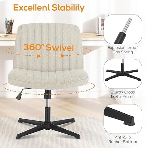 DUMOS Criss Cross Chair Legged Office Wide Comfy Desk Seat, No Wheels Armless Computer Task Seating, Swivel Vanity Home Height Adjustable - Beige - Modern thumbnail 6