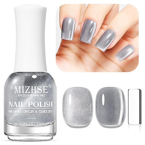 MIZHSE Quick Dry Cat Eye Nail Polish, Sliver Magnetic Nail Polish with Magnet, Air Drying Fast Nail Lacquer 15ml Cateye Effect for Women Girl Non-Gel Nail Art Manicure DIY Home