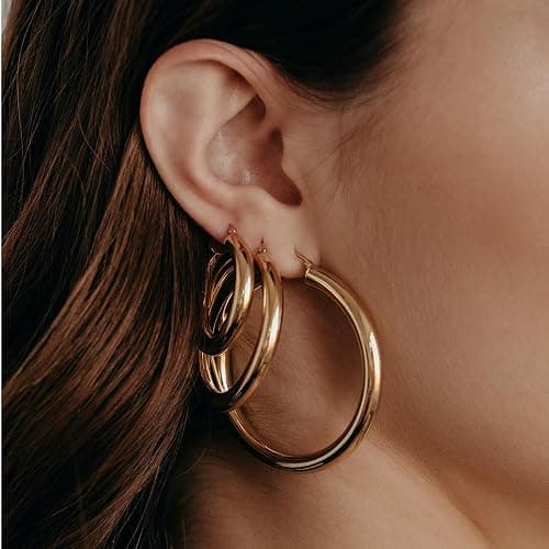 Thick Gold Hoop Earrings Lightweight Howllow Tube Hoops Chunky Gold for Women Hypoallergenic Big Earring 25mm 30mm 40mm 50mm thumbnail 6