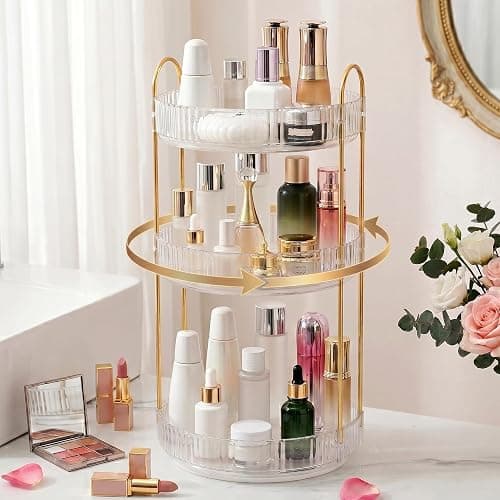 Aveniee 3-Tier 360° Rotating Makeup Organizer, Clear Spinning Perfume Cosmetic Storage for Vanity Countertop, Sturdy Metal Pole Skincare Holder Stand for Bathroom Dresser, White thumbnail 3