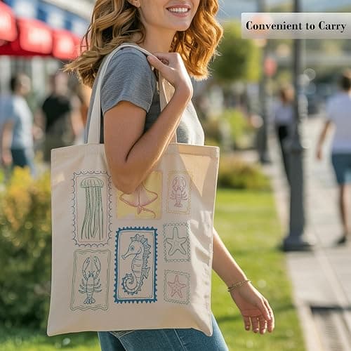 TOTEUSVIA Aesthetic Canvas Tote Bag, Cute Reusable Bags for Women with Inner Pocket thumbnail 2
