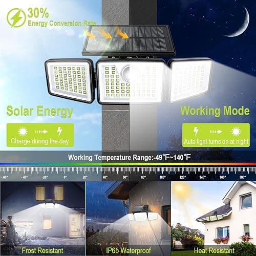 daphino 2500LM Solar Lights Outdoor with Motion Sensor,3 Head 270° Wide Angle Street Area Lights, IP65 Waterproof Security Lighting with 3 Modes(Non-Remote,2 Pcs) thumbnail 2