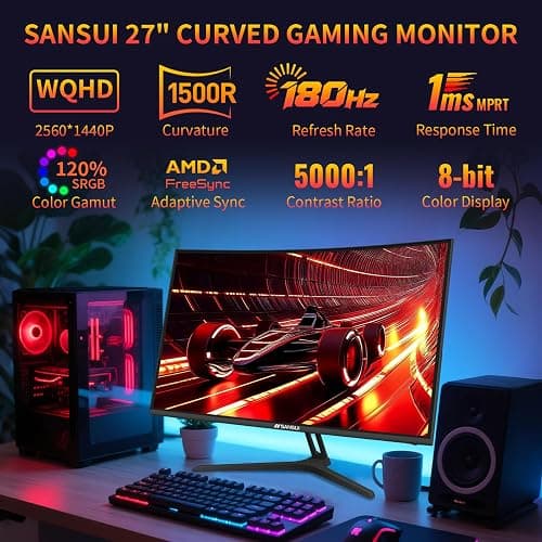 SANSUI 27 Inch WQHD 2560X1440 Curved Gaming Monitor, 180Hz MPRT 1ms Computer Monitor,HDMI2.0 * 2, DP1.2 * 2, Freesync, Curved 1500R, 5000:1 Contrast Ratio, 120% sRGB,HDR(ES-G27C1Q DP Cable Included) thumbnail 2