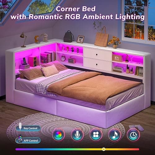 Twin Corner Bed Frame with Storage Bookcase and 4 Drawers, Upholstered Daybed Twin Size with Charging Station & LED Lights, White L-Shape Twin Size Bed Frames Metal Platform Bed for Kids Teenagers thumbnail 3