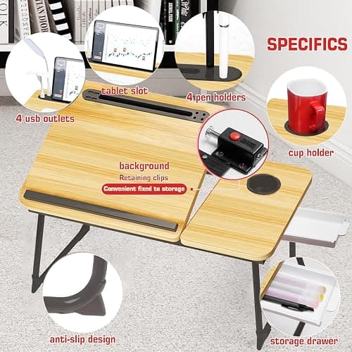 CloudTrip Plus XL Adjustable Laptop Desk with Light, USB Port, iPad Holder, Drawer Storage - Larger 23.6IN Adjustable Lap Desk for Bed, Home Office, Breakfast Tray, Fordable Legs Desk (Walnut) thumbnail 3