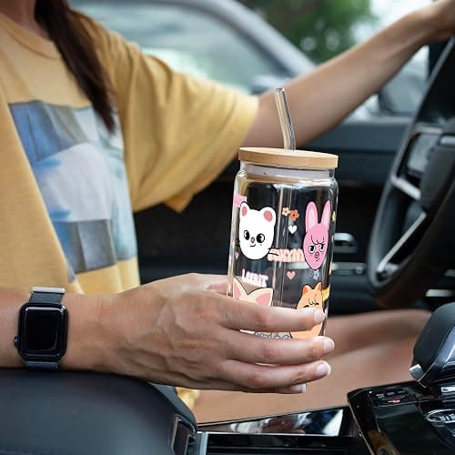 Sip-Sip Hooray! Skzoo Kpop Glass Tumbler with Lid and Straw, 16oz Iced Coffee Cup, Stray Kids Merch, Reusable Glass Cup, Cute Soda Can Lids with Straw, Gift for Fans and Teens thumbnail 6