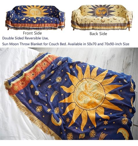 Erke Moon and Sun Throw Blanket Celestial Chair Recliner Cover Bed Spread Hippie Room Decor, Double Sided Cotton Woven Sofa Couch Furniture Aesthetic Witchy Throws - 50" X 70", Yellow/Blue thumbnail 2