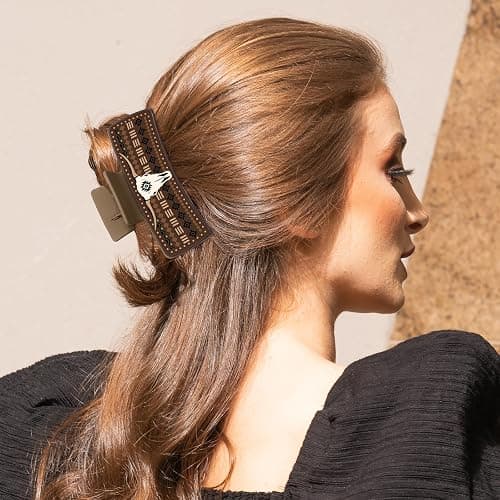 Yussti Western Leather Hair Claw Clips Sunflower Floral Square Claw Clips | for Hairstyling Southwest Cow Print Cowhide Hair Accessories Large Aesthetic Western Cowgirl Stuff Gift for Women Girls thumbnail 5