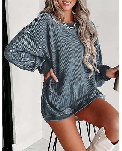 SELINK Womens Crewneck Oversized Corduroy Corded Sweatshirt Long Sleeve Casual Pullover Tops thumbnail 3