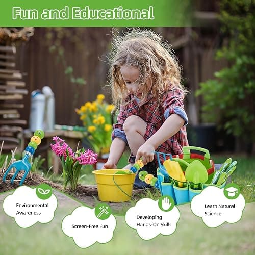 FITNATE Green Kids Garden Tools Set,6 PCS Gardening Tools for Kids Including Watering Can, Shovel, Rake, Fork, Children Gardening Gloves and Garden Tote Bag, All in One Set - Caterpillar thumbnail 6