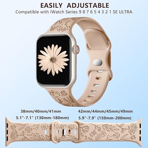 SNBLK 6 Pack Floral Engraved Bands Compatible with Apple Watch Bands 40mm 41mm 42mm 38mm 44mm 45mm 46mm 49mm Women Men, Silicone Flower Pattern Strap for iWatch Series 11 10 Se Ultra 9 8 7 6 5 4 3 2 1 thumbnail 9