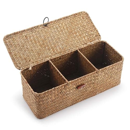 Seagrass Storage Basket with Lid Rectangular Small Woven Shelf Baskets with Sections for Organize Snack Toys Tampon - Image 1