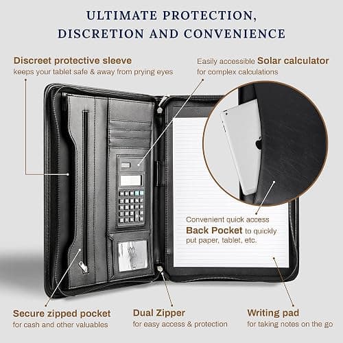 Cossini Black Superior Vegan Leather Business Portfolio with Zipper – Padfolio All-in-One. Smartest Protective 10.1 Inch Tablet Sleeve, Presentation Slot, Solar Calculator, Card Storage, Writing Pad thumbnail 5