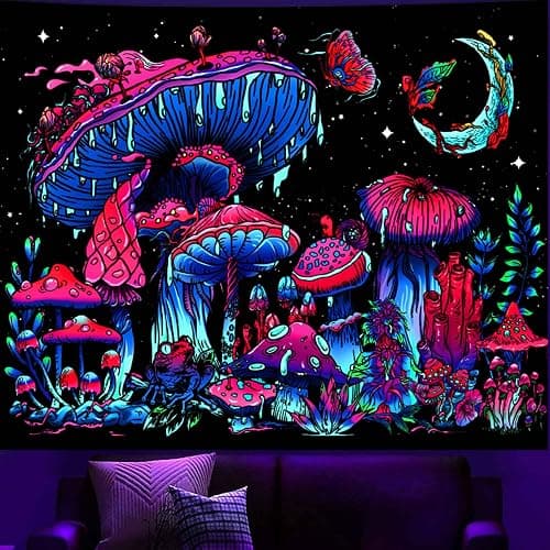 TUGCAY Blacklight Mushroom Tapestry, Glow In The Dark Black Light Plant Tapestry Fantasy UV Reactive Mushroom Butterfly Moon Tapestries Posters Wall Hanging for Bedroom Dorm Decor(30"x40") thumbnail 2