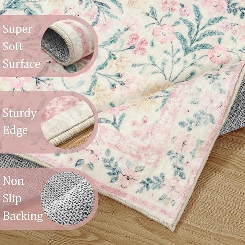 Morebes Floral Pink Rugs for Bedroom Girls, Washable 5x7 Large Area Rug for Living Room Non Slip, Vintage Low-Pile Indoor Floor Boho Flower Carpet for Kids Nursery Playroom, Light Pink&Green - Pink - 5' x 7' (Rectangular) thumbnail 4